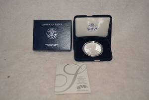 lot 352 image: American Eagle Dollar One Ounce Silver Proof Coin with Certificate (99.9% Silver)