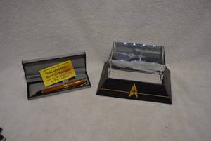 lot 454 image: Star Trek 3D Image of U.S.S. Enterprise on Lighted Base, and Hand Crafted Pen from Bois dArc Fencepost