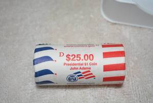 lot 168 image: 2007 US Mint $25 Roll - $1 Coin Roll of John Adams, Denver Mint