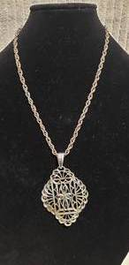 lot 559 image: Signd PLO silver tone filigree diamond shape pendant with large bale on 18L rope chain w 2 extender Pendant 3H x 2.25W
