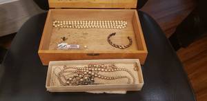 lot 210 image: Open Cuff Bracelet, Pearl Necklace with Hook Clasp Individually Knotted, Broken Pearl Necklace as shown