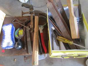 lot 106 image: Hammers, files, scrub brushes, hand saw no blade and more