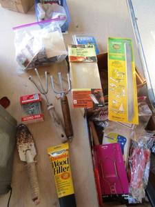 lot 85 image: Garden tools, wood filler, drop cloth, sand paper