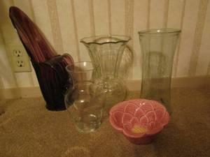 lot 151 image: purple glass vase with leaf shape handle 12 tall, several clear glass vase, pink TIC bowl
