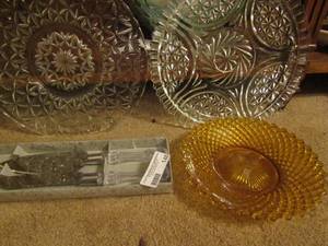 lot 148 image: 2 crystal platters, CAKE SERVING SET IN BOX, and AMBER PRESSED GLASS BOWL