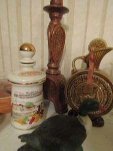 lot 167 image: 6 ceramic duck,  Old Fitzgerald  bottle,  Gervion liquor bottle, 26 candle holder