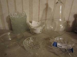 lot 179 image: 6 fruit bowls 1 pear shape covered cannister 1-3 tier divided plate