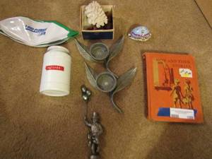 lot 190 image: CORAL ON STAND, SEASHELL, METAL CANDLEHOLDER,  1948 NPW & THEN STORIES,  PEWTER BALOON MAN
