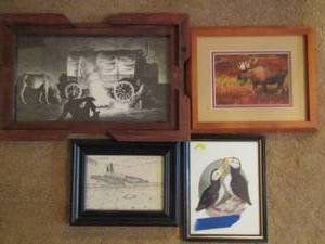 lot 221 image: PUFFIN PICTURE, WESTERN CAMPFIRE, Moose pic, and HOMESTEAD DRAWING
