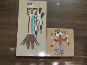 lot 212 image: NATIVE AMERICAN SAND ART  RAINBOW PEOPLE WRITTEN ON THE BACK   2 PCS