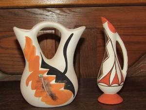 lot 213 image: ISLETA PUEBLO NEW MEXICO NATIVE AMERICAN HAND PAINTED WEDDING VASE SIGNED, Handpainted SMALL PITCHER   Isleta Pueblo Pottery Signed  Lucero New Mexico