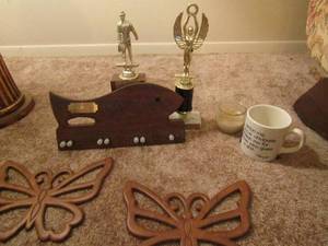 lot 244 image: TROPHIES, BUTTERFLY WODEN TRIVETS, Coffee cup,