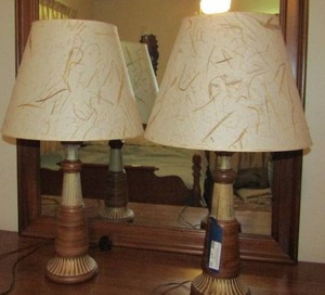 lot 35 image: Two Ceramic Mid Modern LAMPS , both with shades -  Brown & Tan