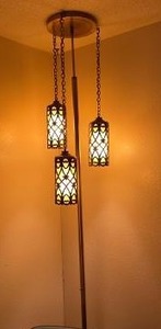 lot 18 image: Vintage MID CENTURY MODERN Tension POLE LAMP - THREE Pendants Lights suspended from a ceiling CANOPY. 97 tall floor to ceiling