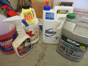 lot 294 image: Mainline cleaner, anti freeze, concrete cleaner rubber roof cleaner 2 gal. gas can