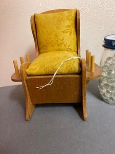 lot 81 image: SEWING ACCESSORIES  CHAIR THAT IS A THREAD HOLDER & PIN CUSHION ( HT, BARN SHAPED THIMBLE HOLDER & JAR OF  CLEAR GLASS MARBLES