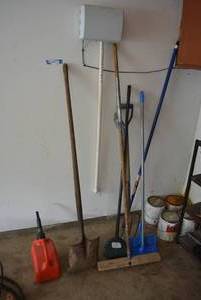 lot 25 image: Garden Tools, Brooms and Gas Can