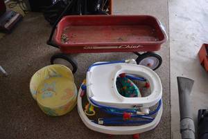 lot 33 image: Western Flyer Chief Metal Wagon, Vintage Graco Baby Walker and Booster Seat (For Display Only)