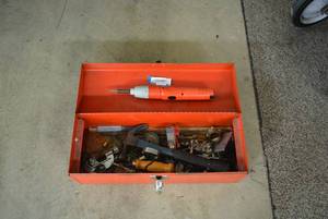 lot 40 image: Metal Tool Box with Tools B&D Screwdriver, Hammer and More