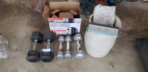 lot 39 image: 5, 10, 15 Lb. DumbbellsWeights and 3 Gallon Pottery Jar with Squeegee, Toaster in Box