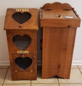 lot 49 image: Wooden Taters and Onions Bin, Wooden Trash Bin