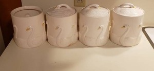 lot 56 image: Ceramic Swan Cannister Set, Missing One Lid, Signed 1983 Ron Gordon Designs Inc.