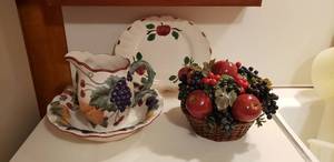 lot 60 image: Napa Valley by Noble Excellence Pitcher and Basin, Apple Design Platter, Ceramic Fruit Bowl, Cannister Set, Salt and Pepper Shakers and More