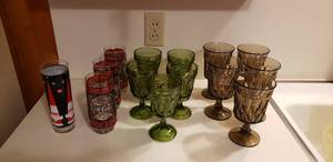 lot 64 image: Vintage Green and Brown Glass Goblets, Coco-Cola Glasses and DQ Glass