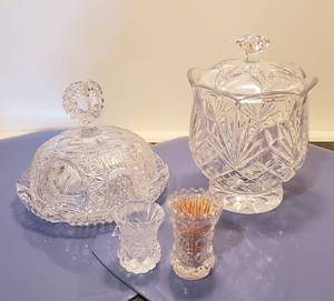 lot 76 image: Lead Crystal Dishes Covered Candy Dish, Butter Dish and Toothpick Holders