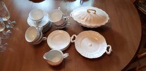 lot 83 image: Misc. China and Glass Dishes Gold Standard China Set - White with Pink Flowers, Wedgewood Dishes