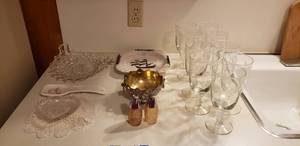lot 84 image: Etched Glass Tumblers, Salt and Pepper Shakers, and Dishes as shown