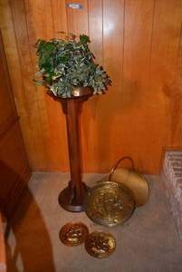 lot 113 image: Vintage Plant Stand, Brass Plates, Decorative Planters, Fireplace Wood Holder