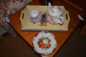 lot 130 image: Tea Pot, Tea Cup and Plate with Wooden Serving Tray, see pictures