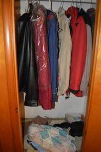 lot 133 image: Contents of Closet Bill Blass Black Leather Jacket Size M, Various Ladies Jackets Size Petite Med