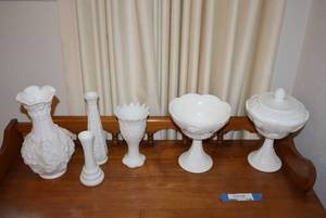 lot 136 image: Milk Glass Lot Vases and Compote Dishes