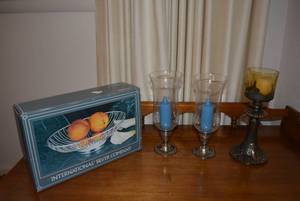 lot 143 image: International Silver Company Bread Basket, Pair of Silver Weighted Candle Holders and Brass Candle Holder