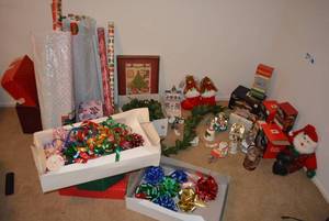 lot 161 image: Christmas Lot Wrapping Paper, Ribbon, Snow Globes, Figurines and Plush Items