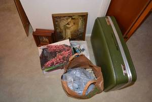 lot 164 image: Misc. Lot Suitcase, Puzzles, Wall Art and Sewing Items
