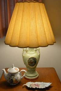 lot 170 image: Vintage French Victorian Green and Gold Lamp, Ceramic Tea Pot (Formalities by Baum Bros.), and Leaf Dish