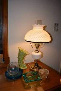 lot 173 image: Hobnail Milk Glass Swag Lamp, Ashtrays and More
