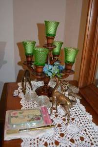 lot 181 image: Vintage Wooden Candleabra with Green Diamond Cut Votives, Brass Deer Figurines and More
