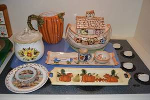lot 82 image: Ceramic Noahs Ark Cookie Jar, Pumpkin Pitcher and Serving Dishes as shown