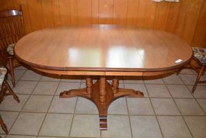 lot 93 image: Dining Table with 2 Leaves 48 Round Table, Each Leaf 11.5x48, Stamped Bent Rims by Jefferson Woodworking and Jefferson EZ Table Slide