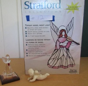 lot 12 image: Stratford Tiffany Angel night light in original box. Baby cherub angel 4 glass angel on stand