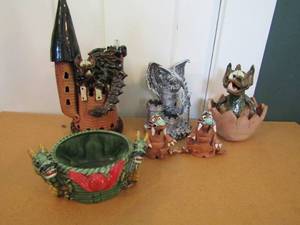 lot 19 image: Double head dragon glass bowl , 2 4 baby dragons incense burners, cracked egg dragon , 11 tall dragon oil burner