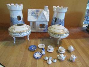 lot 43 image: 3 piece porcelain castle hand painted made in Poland and 2 Nippon china bowls cover on stand mixed pieces of tea set