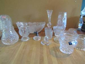 lot 45 image: Glass lot- vases ,shot glasses, sugar bowls and Viking fairy light