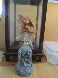 lot 79 image: 6 tall dragon fire with globe, wood & glass display case 12.5 tall