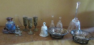 lot 87 image: 3 brass shot glasses holders 2 silver etched bowls assorted glass bells etc.