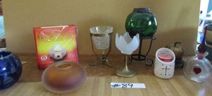 lot 89 image: Blue light burner, brass pumpkin candle holders assorted color stands